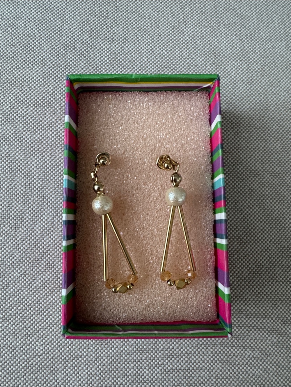 Gold Tone Faux Pearl Geometric Dangle Earrings w/ Box